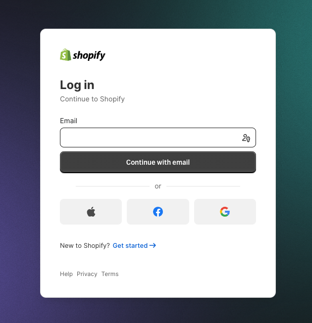Shopify log in screen