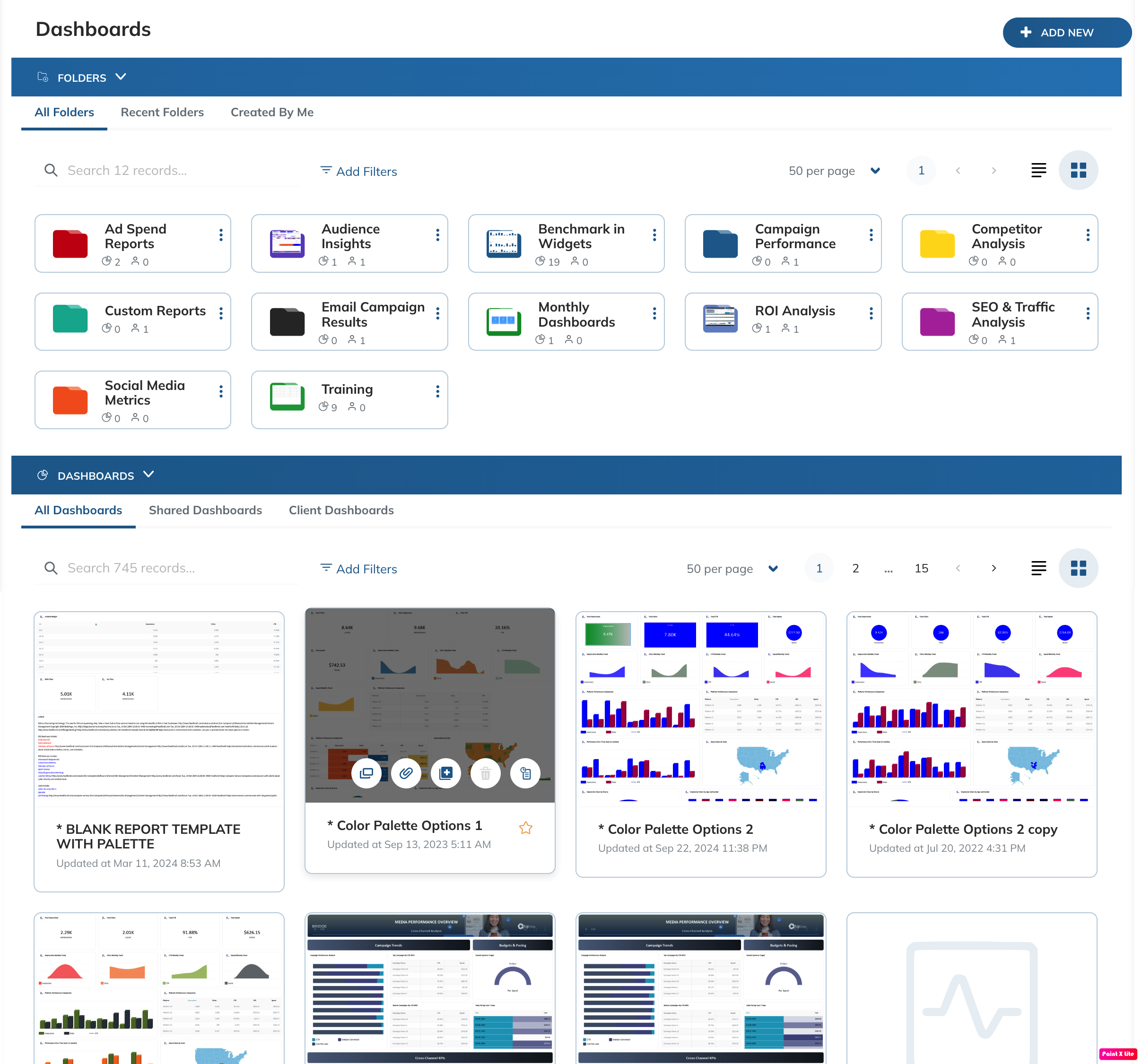 Dashboards Overview page with folders