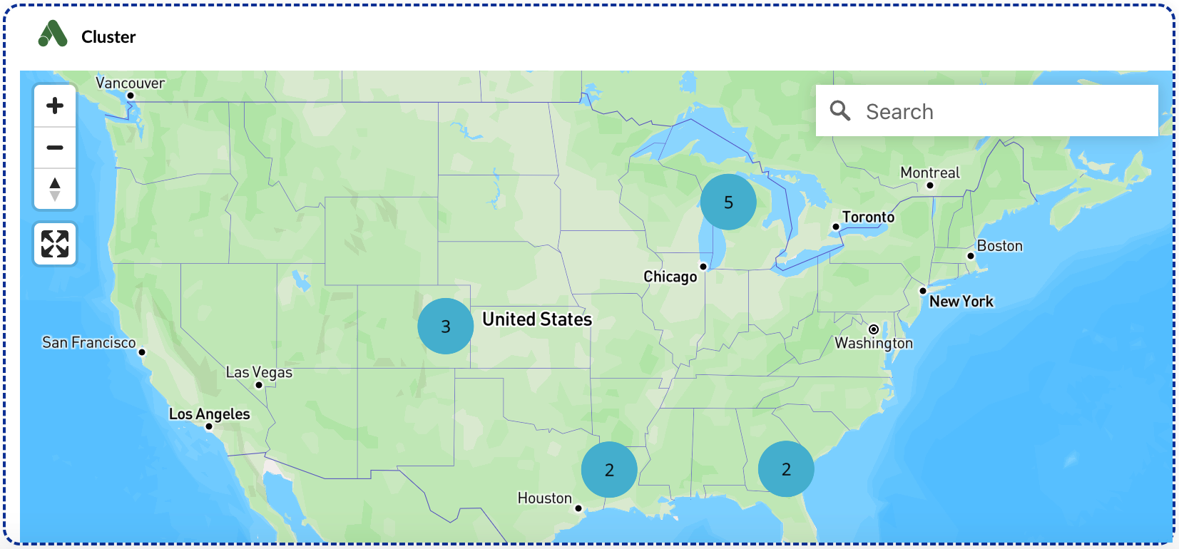 TapMap widget showing the United States with cluster points