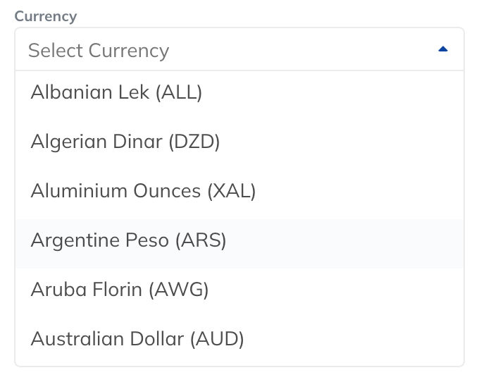 Opened Client Currency dropdown menu