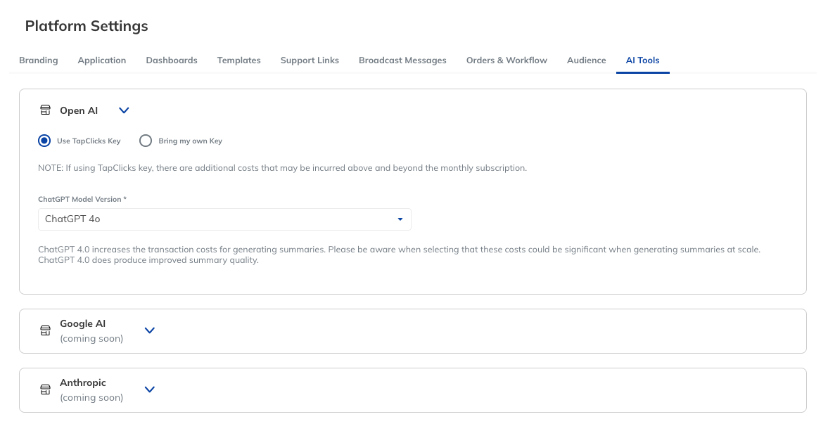 AI tools tab in Platform Settings