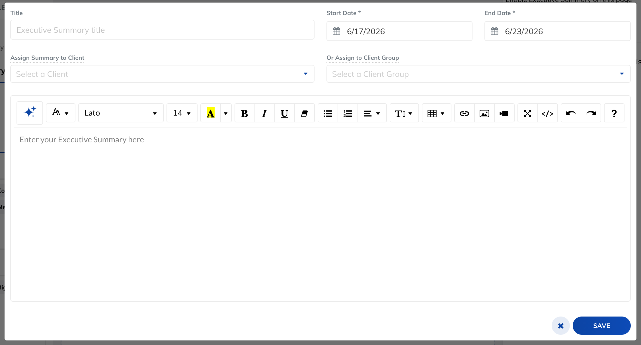 Executive Summary New Summary Dialog Box