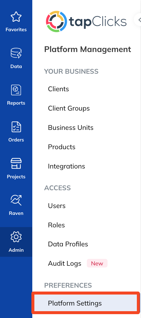 Platform Settings Left Navigation