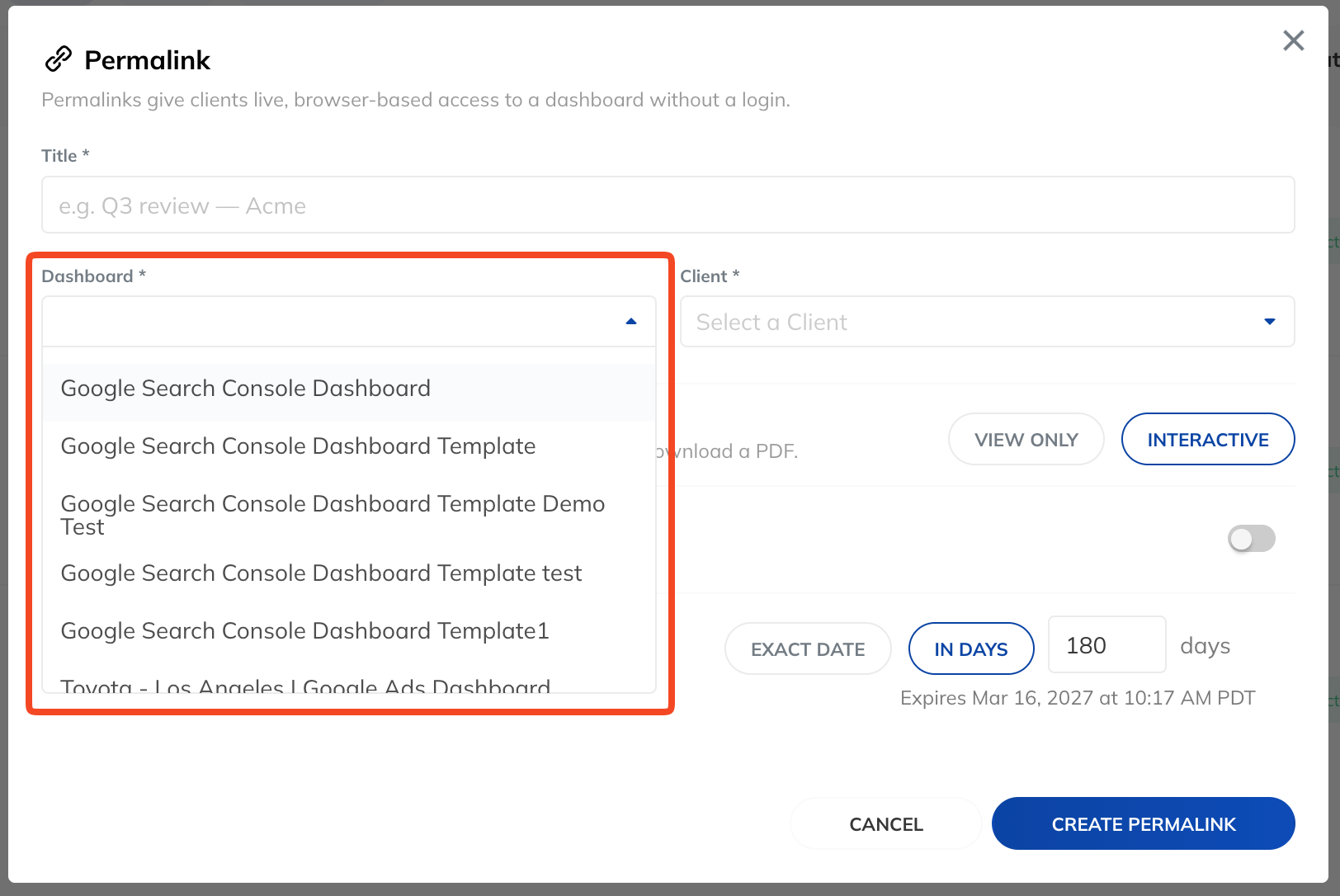 Permalink Dashboard Dropdown